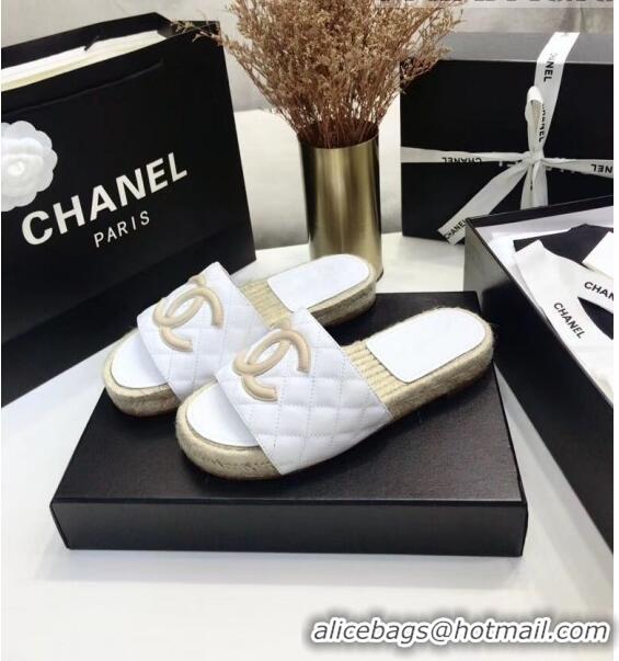 Cheapest Chanel CC Logo Lambskin Espadrilles Mules Sandals G35603 White/Beige 2020