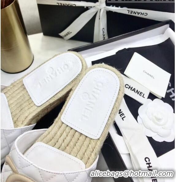 Cheapest Chanel CC Logo Lambskin Espadrilles Mules Sandals G35603 White/Beige 2020