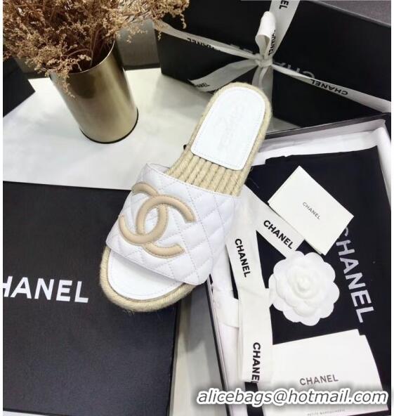 Cheapest Chanel CC Logo Lambskin Espadrilles Mules Sandals G35603 White/Beige 2020