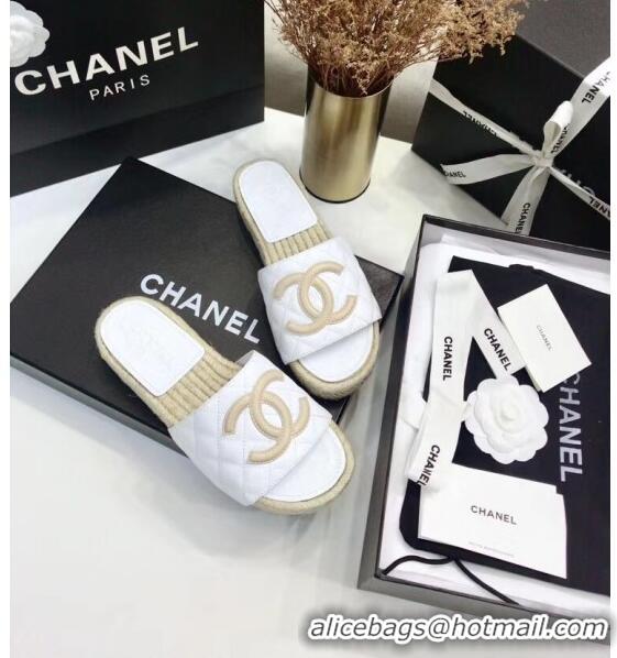 Cheapest Chanel CC Logo Lambskin Espadrilles Mules Sandals G35603 White/Beige 2020