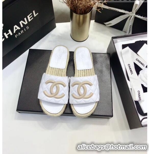 Cheapest Chanel CC Logo Lambskin Espadrilles Mules Sandals G35603 White/Beige 2020