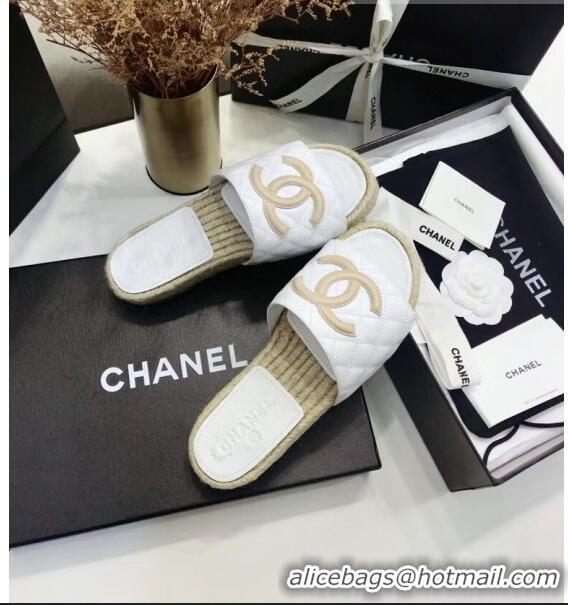 Cheapest Chanel CC Logo Lambskin Espadrilles Mules Sandals G35603 White/Beige 2020