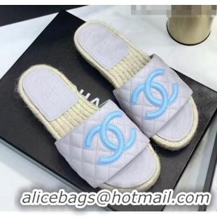 Most Popular Chanel CC Logo Lambskin Espadrilles Mules Sandals G35603 Grey/Blue 2020