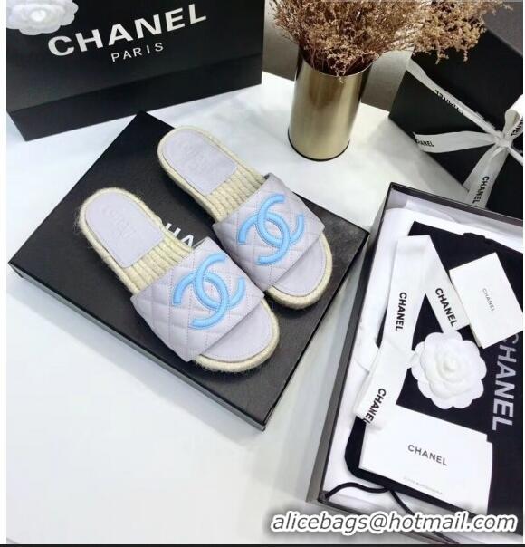 Most Popular Chanel CC Logo Lambskin Espadrilles Mules Sandals G35603 Grey/Blue 2020