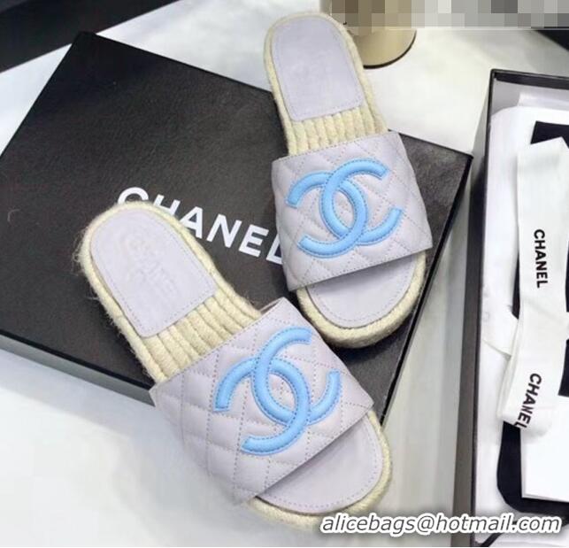 Most Popular Chanel CC Logo Lambskin Espadrilles Mules Sandals G35603 Grey/Blue 2020