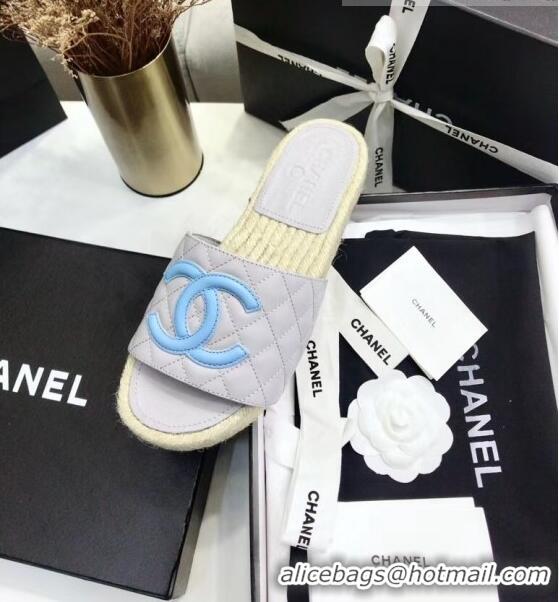 Most Popular Chanel CC Logo Lambskin Espadrilles Mules Sandals G35603 Grey/Blue 2020