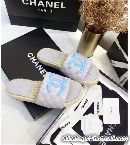 Most Popular Chanel CC Logo Lambskin Espadrilles Mules Sandals G35603 Grey/Blue 2020