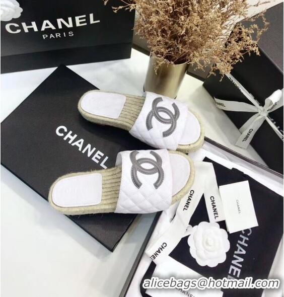 Market Sells Chanel CC Logo Lambskin Espadrilles Mules Sandals G35603 White/Grey 2020