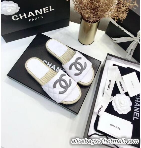 Market Sells Chanel CC Logo Lambskin Espadrilles Mules Sandals G35603 White/Grey 2020