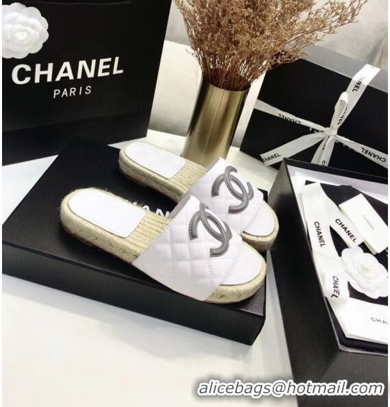 Market Sells Chanel CC Logo Lambskin Espadrilles Mules Sandals G35603 White/Grey 2020