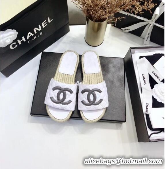 Market Sells Chanel CC Logo Lambskin Espadrilles Mules Sandals G35603 White/Grey 2020