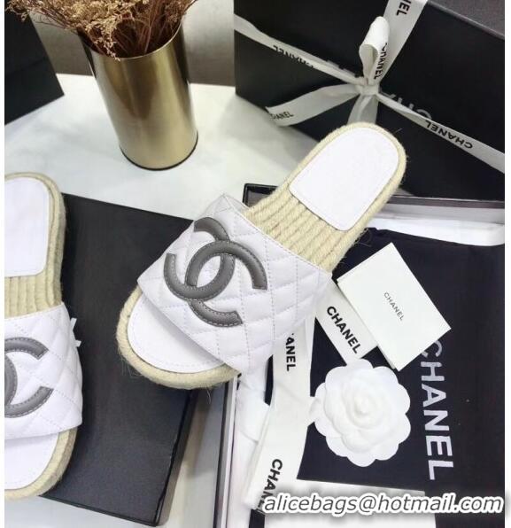 Market Sells Chanel CC Logo Lambskin Espadrilles Mules Sandals G35603 White/Grey 2020