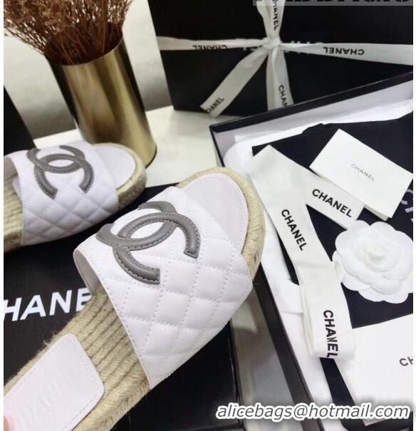 Market Sells Chanel CC Logo Lambskin Espadrilles Mules Sandals G35603 White/Grey 2020