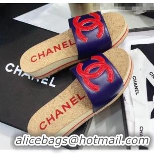 Reproduction Chanel Lambskin CC Logo Platform Mules G35799 Blue/Red 2020