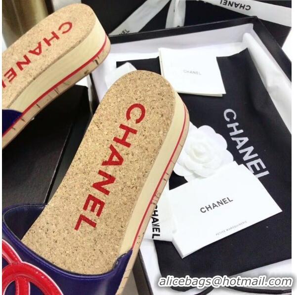 Reproduction Chanel Lambskin CC Logo Platform Mules G35799 Blue/Red 2020