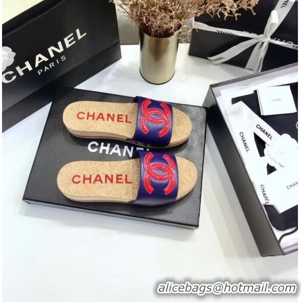 Reproduction Chanel Lambskin CC Logo Platform Mules G35799 Blue/Red 2020