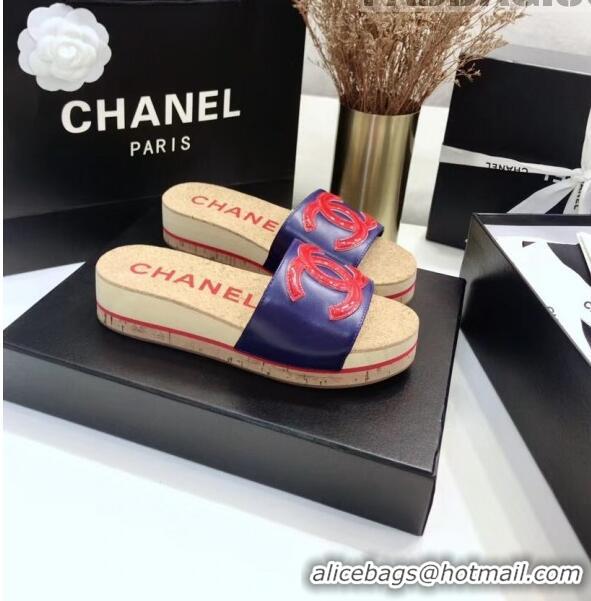 Reproduction Chanel Lambskin CC Logo Platform Mules G35799 Blue/Red 2020