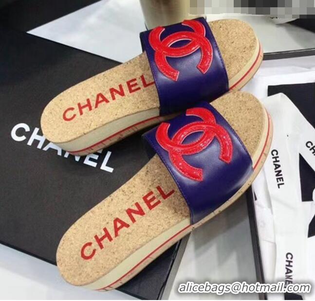 Reproduction Chanel Lambskin CC Logo Platform Mules G35799 Blue/Red 2020