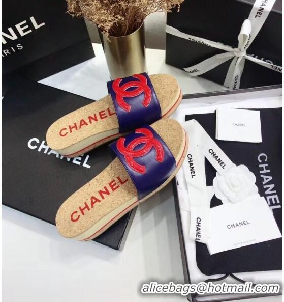 Reproduction Chanel Lambskin CC Logo Platform Mules G35799 Blue/Red 2020