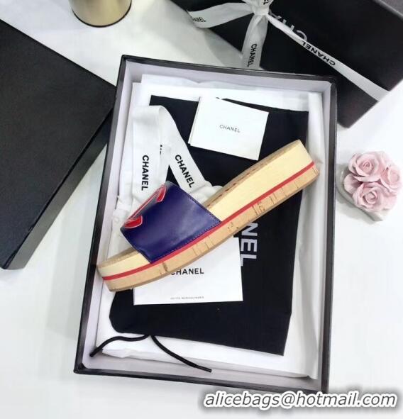 Reproduction Chanel Lambskin CC Logo Platform Mules G35799 Blue/Red 2020