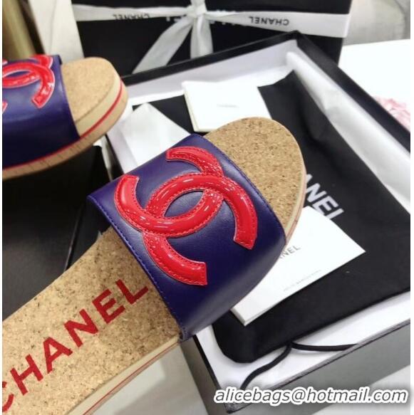 Reproduction Chanel Lambskin CC Logo Platform Mules G35799 Blue/Red 2020