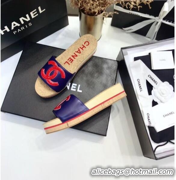 Reproduction Chanel Lambskin CC Logo Platform Mules G35799 Blue/Red 2020