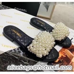 Free Shipping Chanel Calfskin & Pearls Mules Sandals 61003 Black 2020