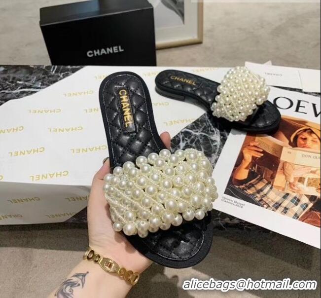 Free Shipping Chanel Calfskin & Pearls Mules Sandals 61003 Black 2020