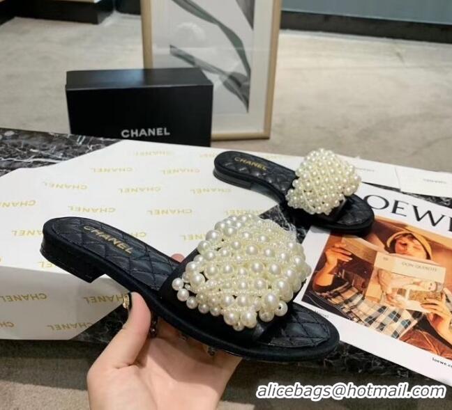 Free Shipping Chanel Calfskin & Pearls Mules Sandals 61003 Black 2020