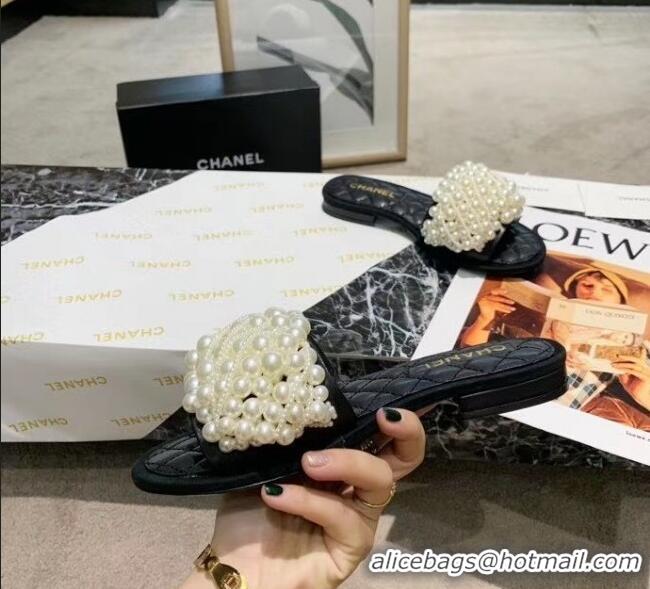 Free Shipping Chanel Calfskin & Pearls Mules Sandals 61003 Black 2020