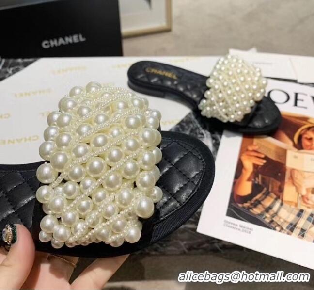 Free Shipping Chanel Calfskin & Pearls Mules Sandals 61003 Black 2020