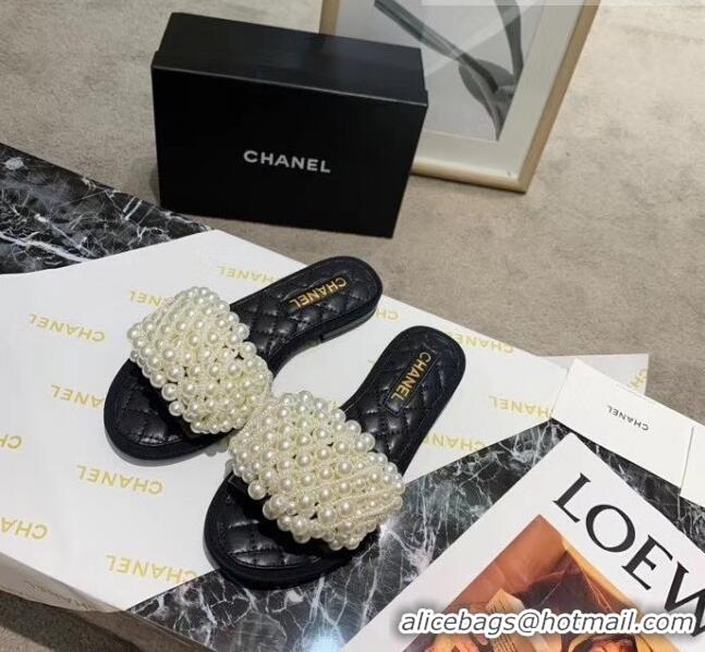 Free Shipping Chanel Calfskin & Pearls Mules Sandals 61003 Black 2020