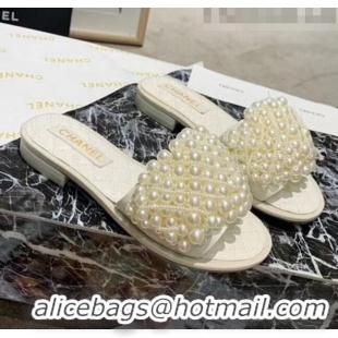 Top Quality Chanel Calfskin & Pearls Mules Sandals 61003 White 2020