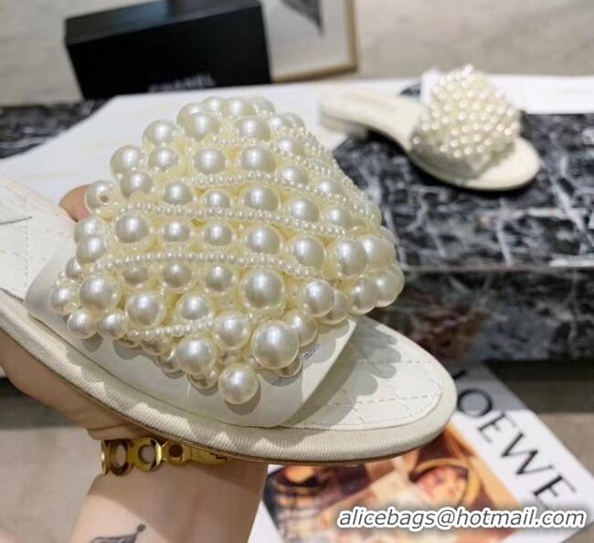 Top Quality Chanel Calfskin & Pearls Mules Sandals 61003 White 2020