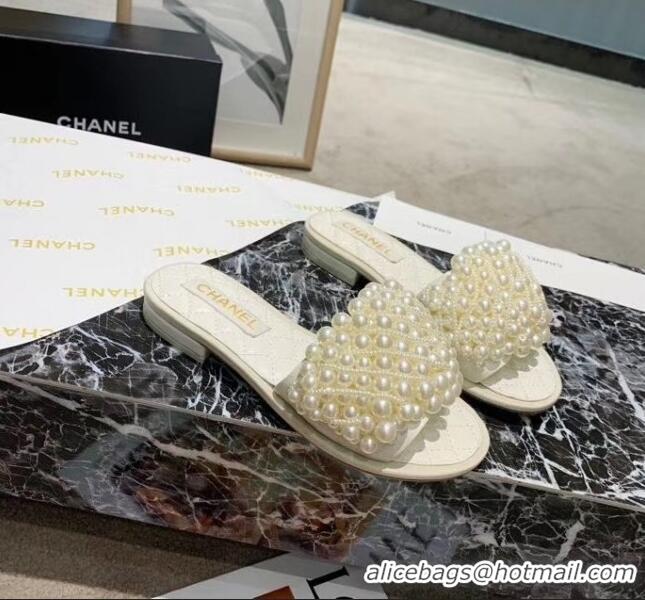 Top Quality Chanel Calfskin & Pearls Mules Sandals 61003 White 2020