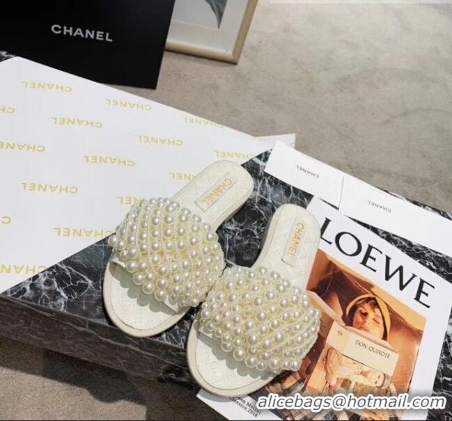 Top Quality Chanel Calfskin & Pearls Mules Sandals 61003 White 2020