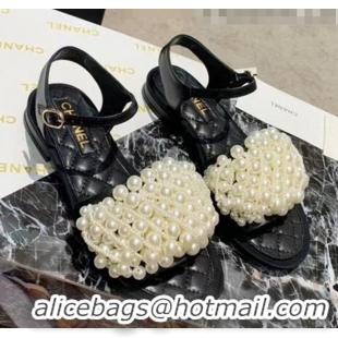 Discount Chanel Calfskin & Pearls Flat Sandals With Strap G61005 Black 2020