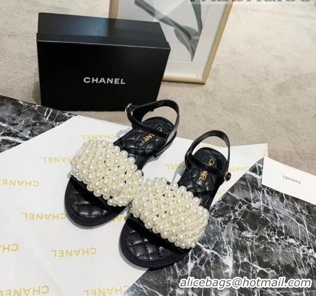 Discount Chanel Calfskin & Pearls Flat Sandals With Strap G61005 Black 2020