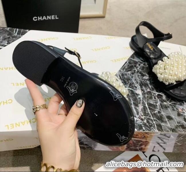 Discount Chanel Calfskin & Pearls Flat Sandals With Strap G61005 Black 2020