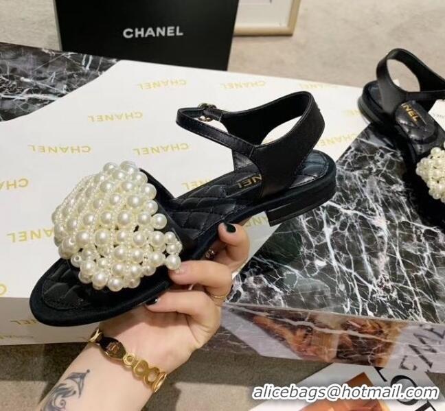 Discount Chanel Calfskin & Pearls Flat Sandals With Strap G61005 Black 2020