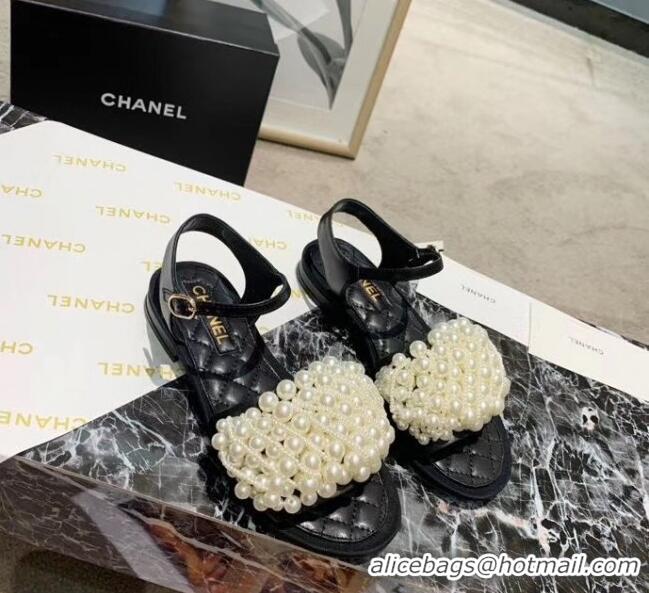 Discount Chanel Calfskin & Pearls Flat Sandals With Strap G61005 Black 2020