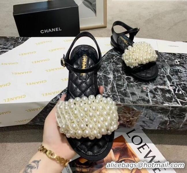 Discount Chanel Calfskin & Pearls Flat Sandals With Strap G61005 Black 2020