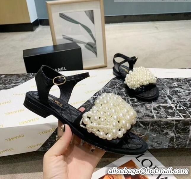 Discount Chanel Calfskin & Pearls Flat Sandals With Strap G61005 Black 2020