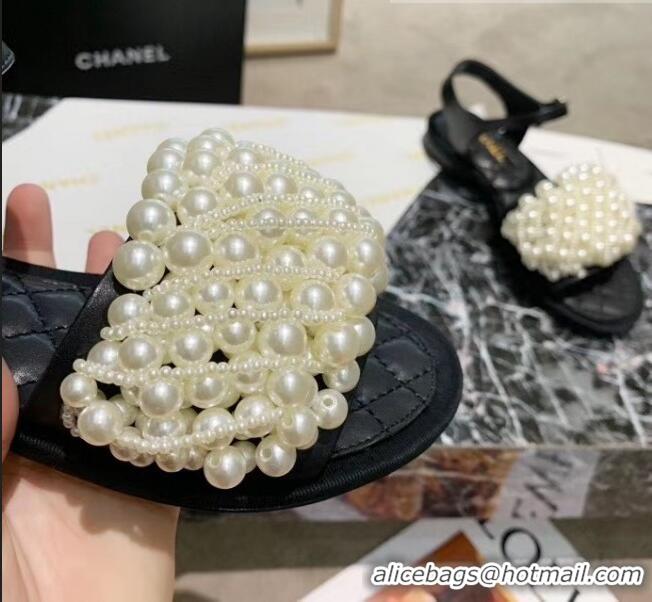 Discount Chanel Calfskin & Pearls Flat Sandals With Strap G61005 Black 2020