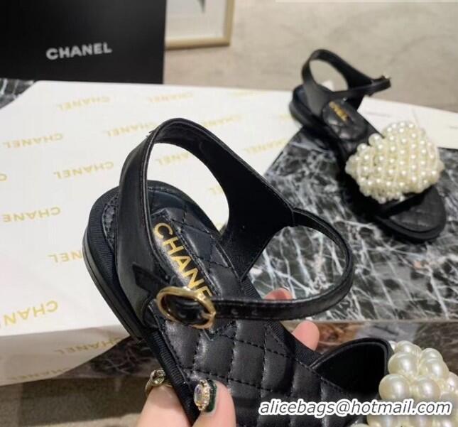 Discount Chanel Calfskin & Pearls Flat Sandals With Strap G61005 Black 2020