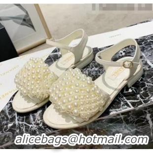 Top Quality Chanel Calfskin & Pearls Flat Sandals With Strap G61005 White 2020