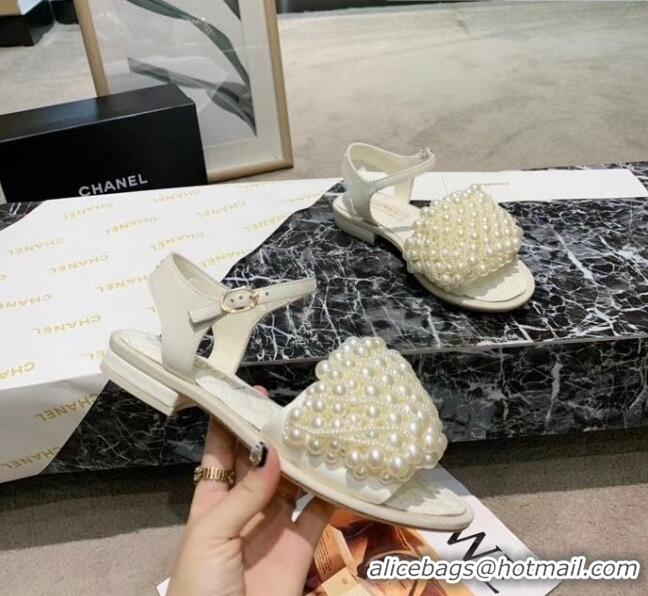 Top Quality Chanel Calfskin & Pearls Flat Sandals With Strap G61005 White 2020