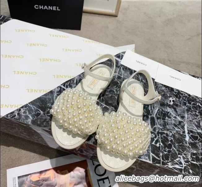 Top Quality Chanel Calfskin & Pearls Flat Sandals With Strap G61005 White 2020