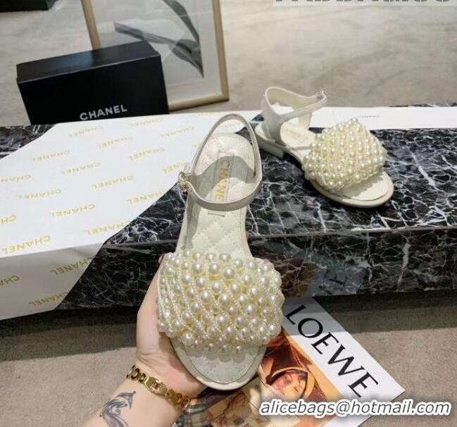 Top Quality Chanel Calfskin & Pearls Flat Sandals With Strap G61005 White 2020