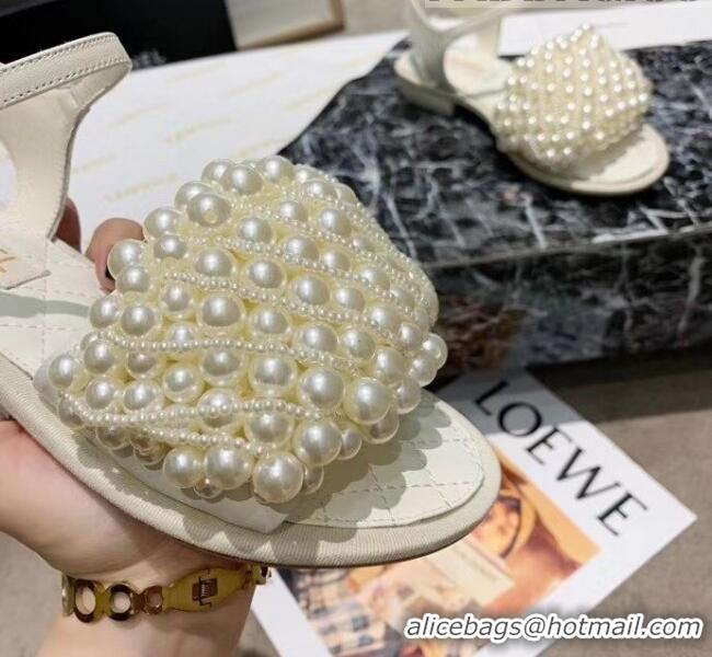 Top Quality Chanel Calfskin & Pearls Flat Sandals With Strap G61005 White 2020